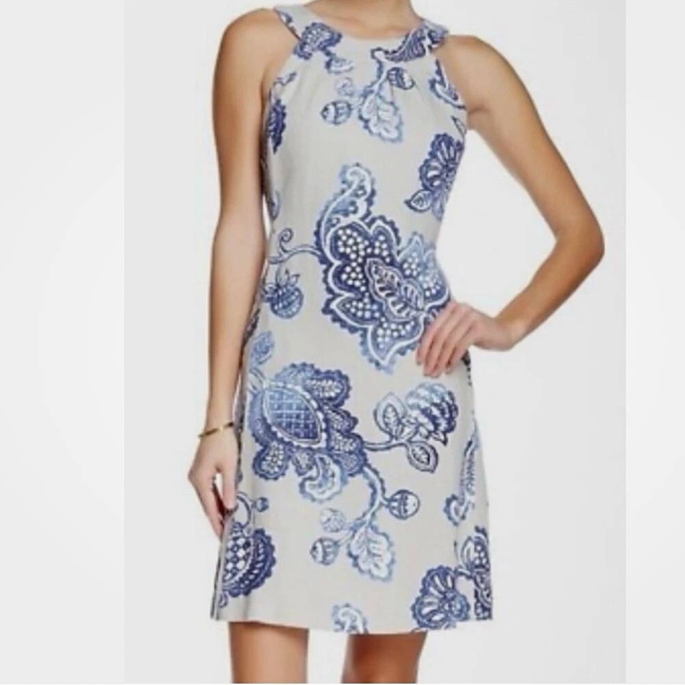 J. McLaughlin Cream Halter Mini Dress with Blue Paisley